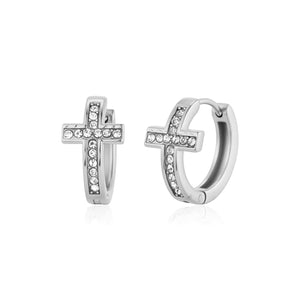 Oorbellen gebogen kruis met steentjes zilver