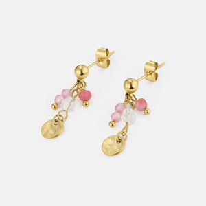 Oorstekers roze gekleurde kralen goud